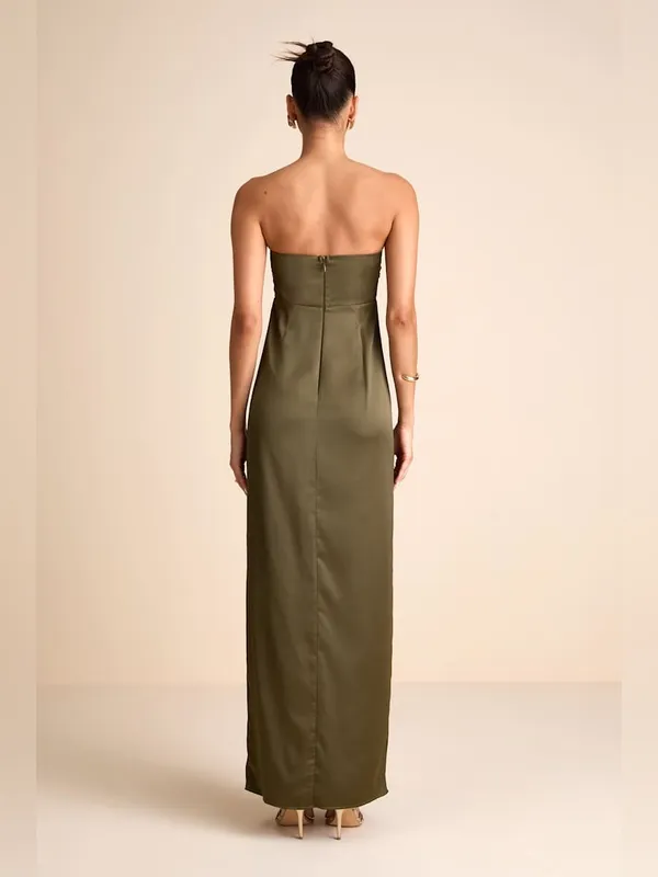 Lulu's Memorable Entrance Olive Green Strapless Satin Maxi Dress - Image 5