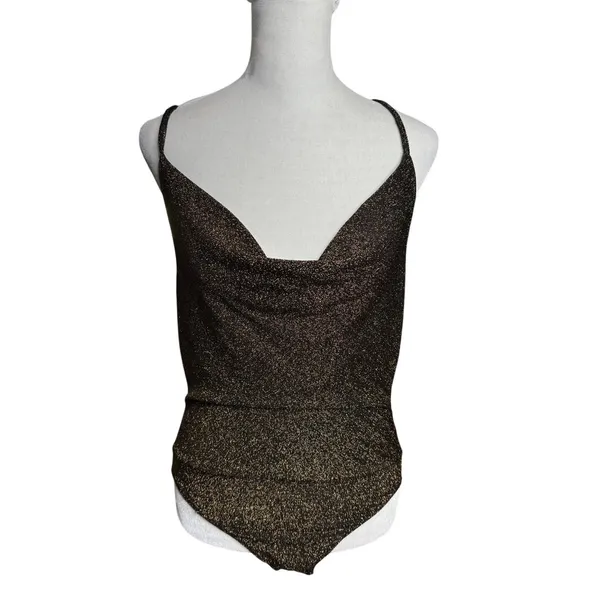 Forever 21 Metallic Bodysuit L Black Bronze Shimmer Cowl Neck NWT - Image 2