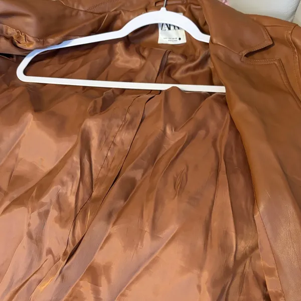 Zara Camel Brown Faux Leather Trench Coat - Image 11