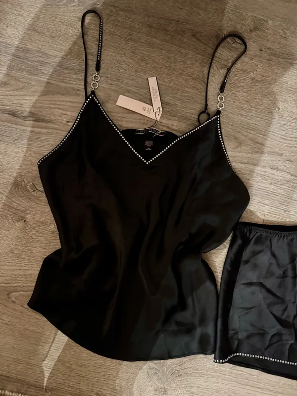 Victoria's Secret black satin cami and shorts pajama set with rhinestones NEW - Image 3