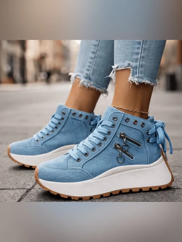 Women’s Canvas Platform Sneakers High Top Denim Shoes Size 38 - Image 2
