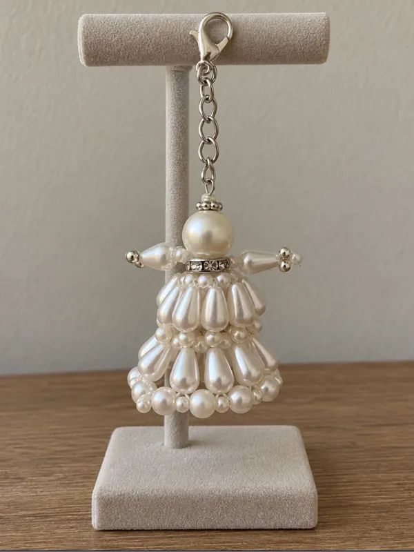 Artisan Keychain Doll Purse Charm 3.25” Handcrafted Ivory Pearl Beaded NEW - Image 4