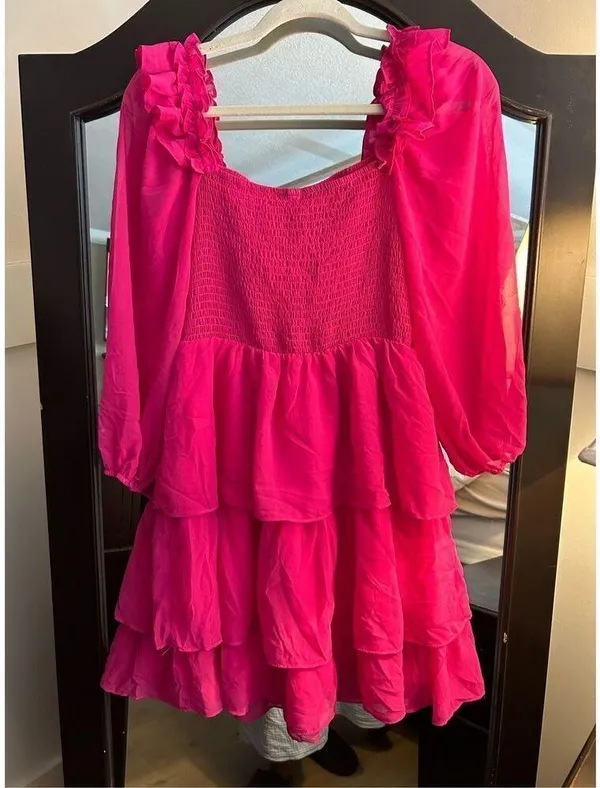 NEW Hot Pink Smocked Ruffle Mini Square Neck Dress M - Image 4