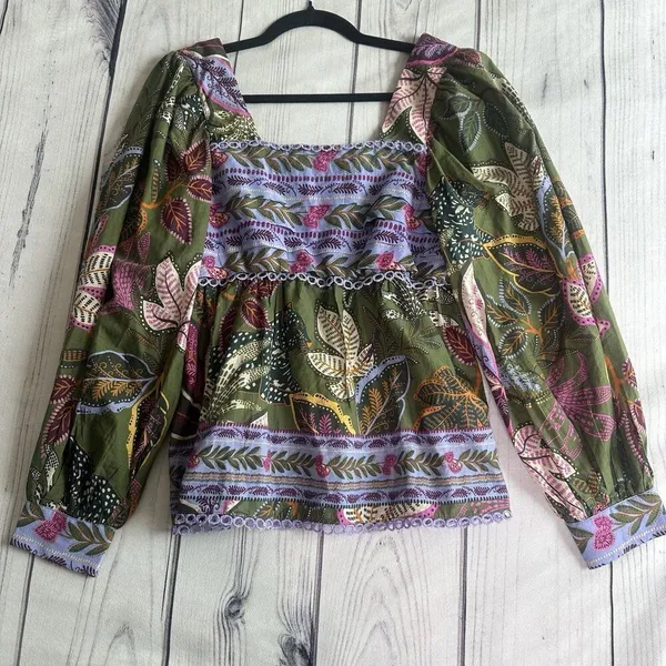 Farm Rio Blouse Top XS Green Jungle Fairy Boho Botanical Tropical‎ Praire Resort - Image 15