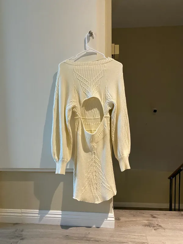 Free People Cream Long Sleeve Sweater Knit mini dress, size S - Image 4