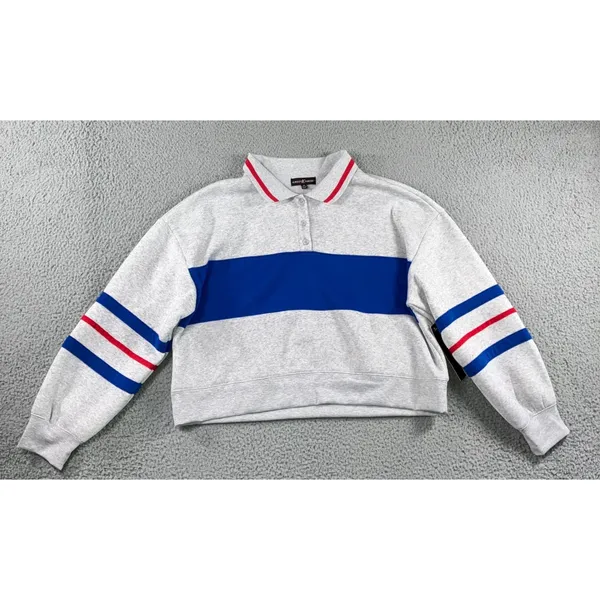 Rugby Polo Sweatshirt Women 1X Gray Blue Red Stripe Cropped L/S Soft‎ Sporty - Image 2