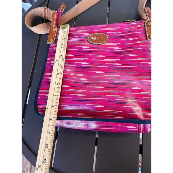 Fossil Keyper Crossbody Bag Fuchsia and Berry Striped Pattern Canvas - Image 13