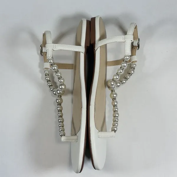 Betsey Johnson Size-6.5 Women Flat Sandals‎ Gal Pearl Strap White - Image 6