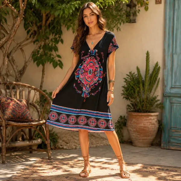 Snap Y2K Babydoll Dress Sz L Medallion Boho Festival Hippie Retro Stretchy Artsy - Image 11