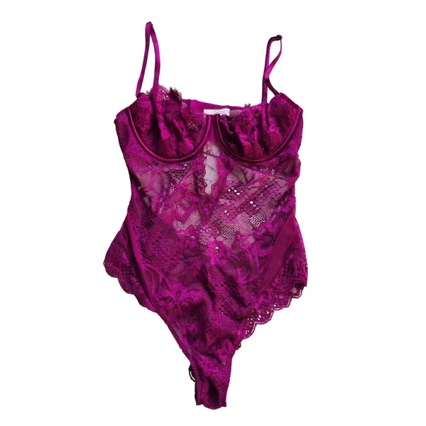 Victoria's Secret -1971 Magenta Floral Eyelash Lace Underwire‎ Teddy Bodysuit M - Image 2