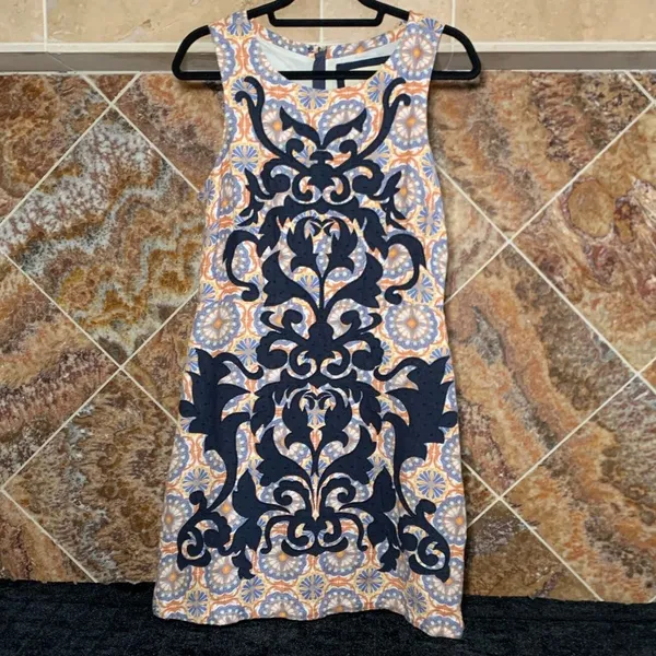 Anthropologie Vanessa Virginia Navy Geometric Linen Sleeveless Shift Dress 4 - Image 3