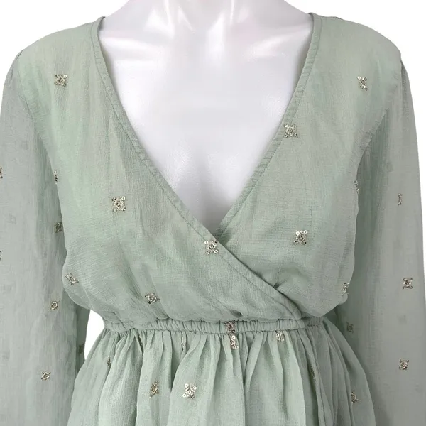 Lulus Green Long Sleeve Embellished Faux Wrap V Neck Peplum Blouse Top Size M - Image 3
