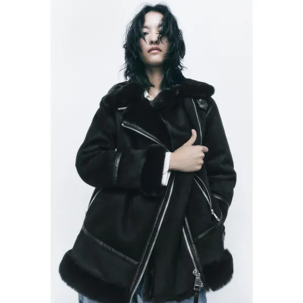 [Zara] Black Faux Fur Suede Double-Faced Oversized Moto Jacket Blogger Fave XS - Image 13