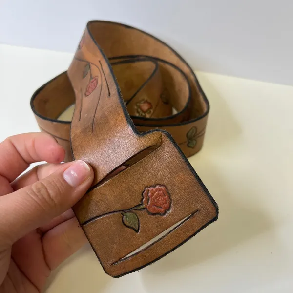 Vintage Hand Tooled Leather Rose Floral Belt Tan Brown Boho Western 44 Inch - Image 2