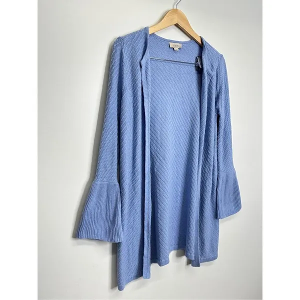 LOFT Sweater‎ Size Small Blue Knit Bell Sleeve Open Cardigan - Image 5