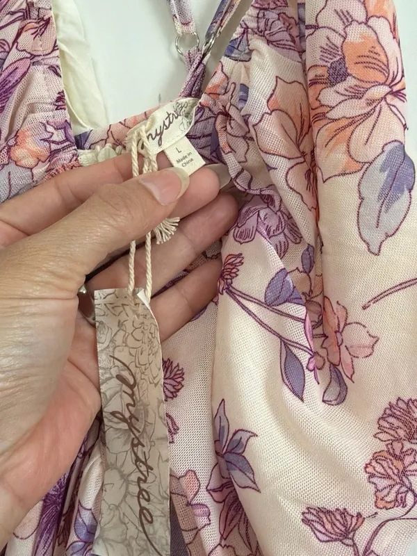 Mystree Cream Floral Mesh Maxi Dress Criss Cross Back Polyester Blend Sz L NWT - Image 4