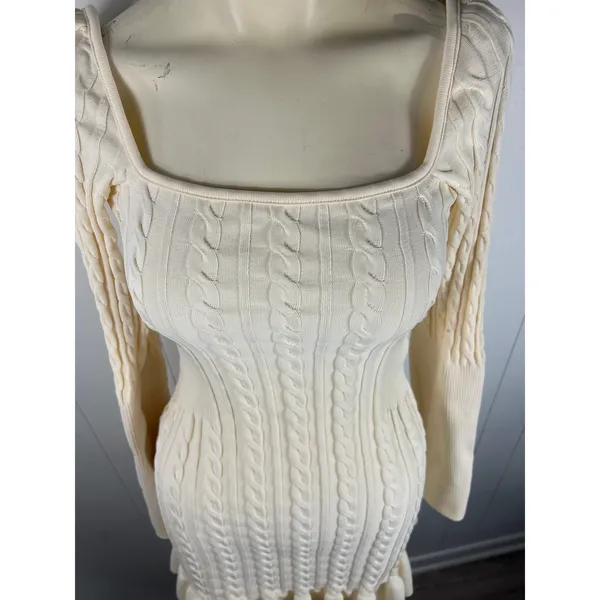 ASOS DESIGN long sleeve cable knit mini dress with frills lace up detail Size 8 - Image 5