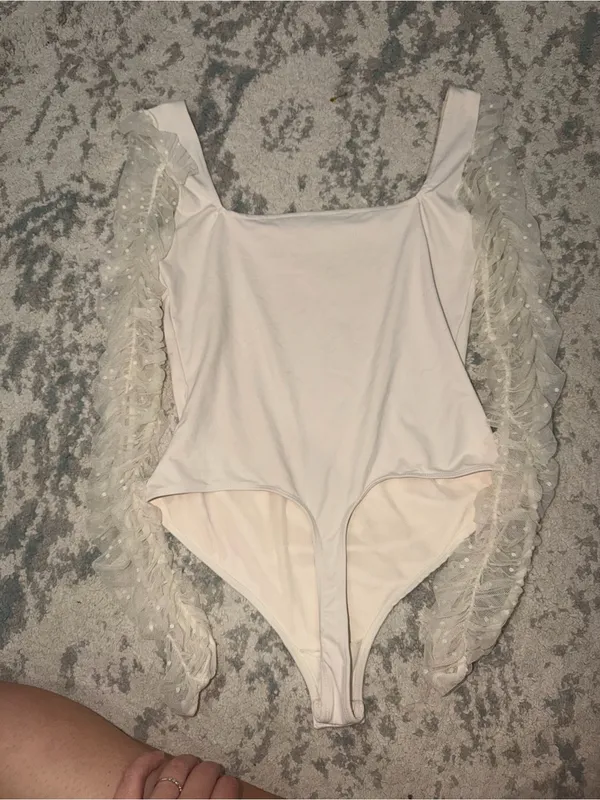 Free People Must Be Love Tulle Trim Long Sleeve Bodysuit Ivory M - Image 5