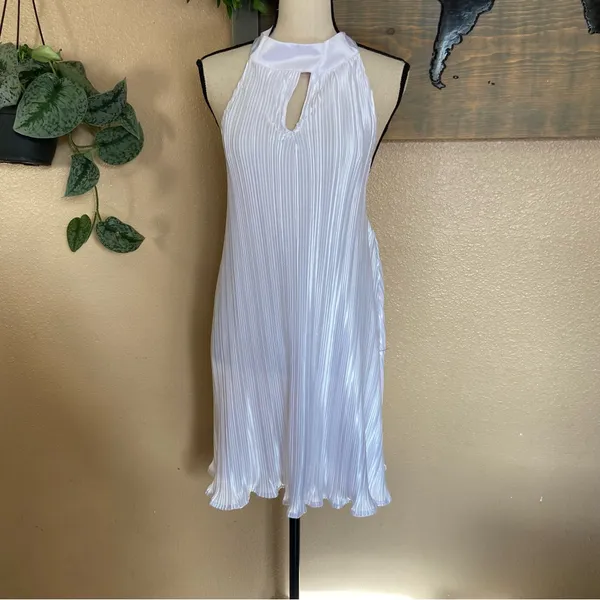 NWOT Lulus Pretty Aura White Satin Plisse Mock Neck Mini Swing Dress - Image 3