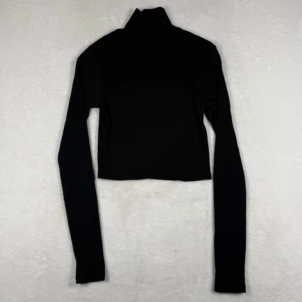 Reformation Black Ribbed Mock Neck Cropped Long Sleeve Top Small Made in USA - Image 7