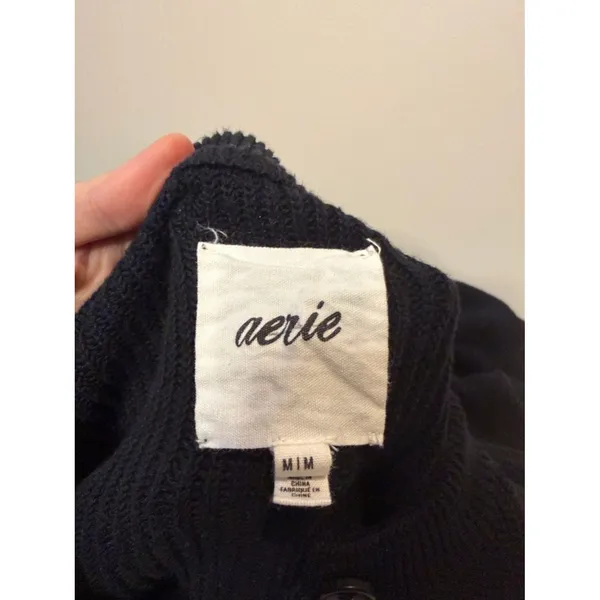 Aerie Black Waffle Knit 100% Cotton Slouchy Sweater 1/4 Button Size M - Image 3