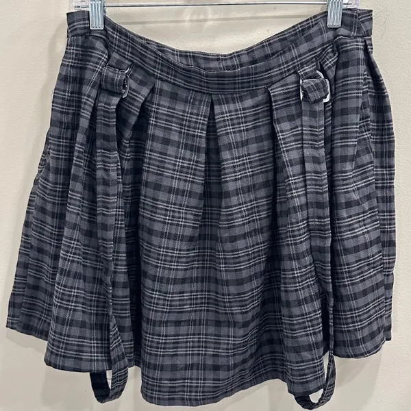 Hot Topic Gray Black Plaid Suspender Skirt Pleated Mini Detachable Straps Goth L - Image 2