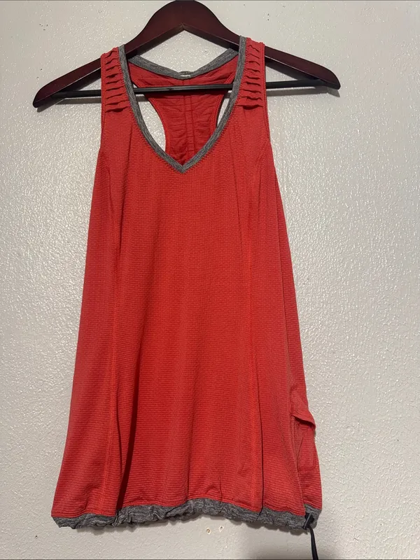 Lululemon Coral Red Gray Trim V-Neck Waistcord Racerback Athletic Tank Top 6 - Image 3