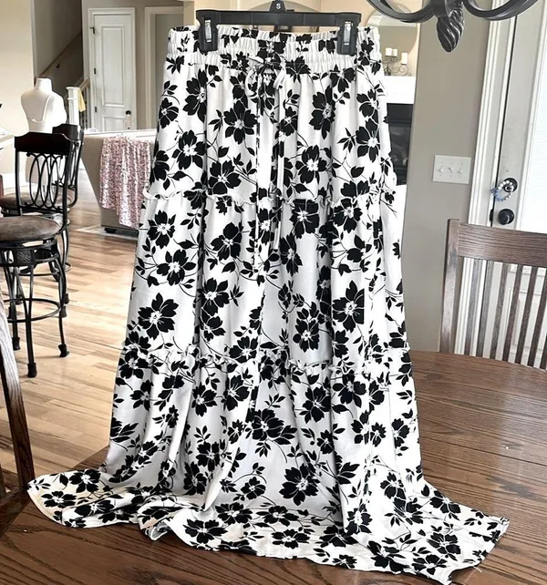 Maxi Skirt Cream Black Floral High Waist Flowy - Image 5