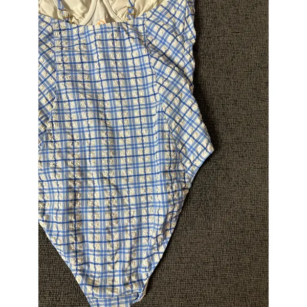 Tory Burch Check Plaid Gingham Swimsuit size M Underwire Blue White Seersucker - Image 7