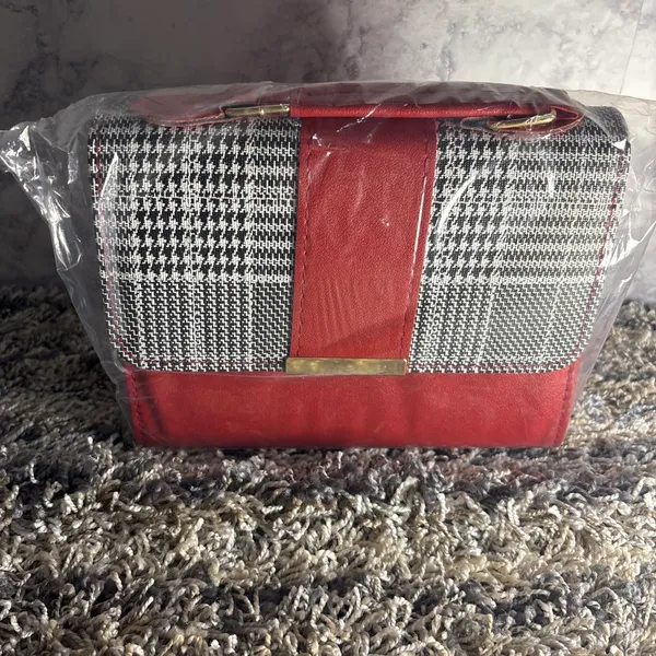 Red Plaid Crossbody Handbag with Adjustable Strap - Image 5