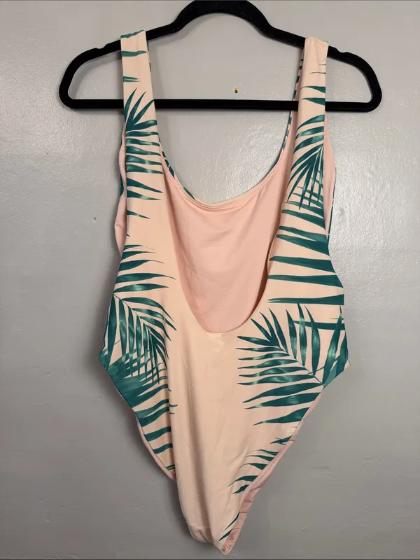 Aerie Women's Super Scoop One Piece Swimsuit Pink Green Palm Leaf xlarge - Image 4