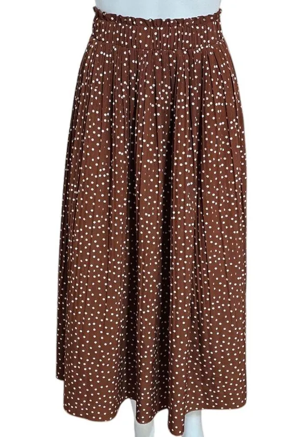 Exlura Brown Polka Dot Pleated Midi Skirt with Smocked Waist Size XL - Image 2
