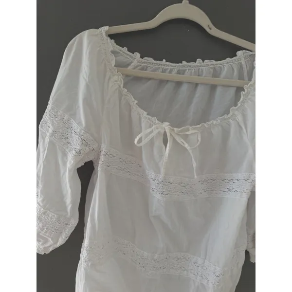 Cottage Peasant White Cotton Crochet Lace Peasant Blouse Off Shoulder Boho Top - Image 2