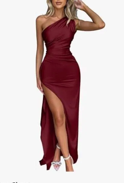 NEW 1 Shoulder High Split Cocktail Wedding Party Maxi Dress L - Image 4