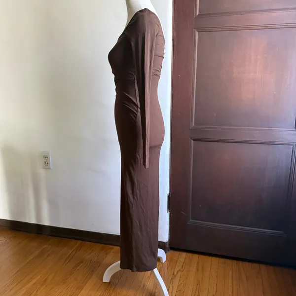 BAYSE | Brown RIbbed Cutout Midi Long Sleeve Dress | Small - Image 4