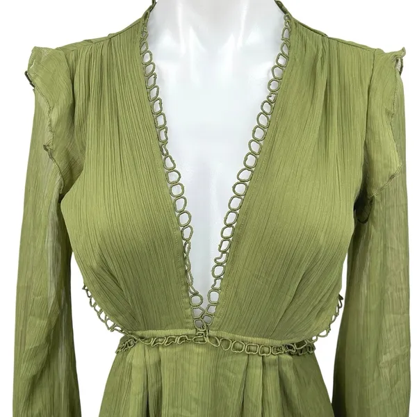 ASOS Design Green V-Neck Cutout Back Long Sleeve Ruffle Mini Fit & Flare Dress 6 - Image 3