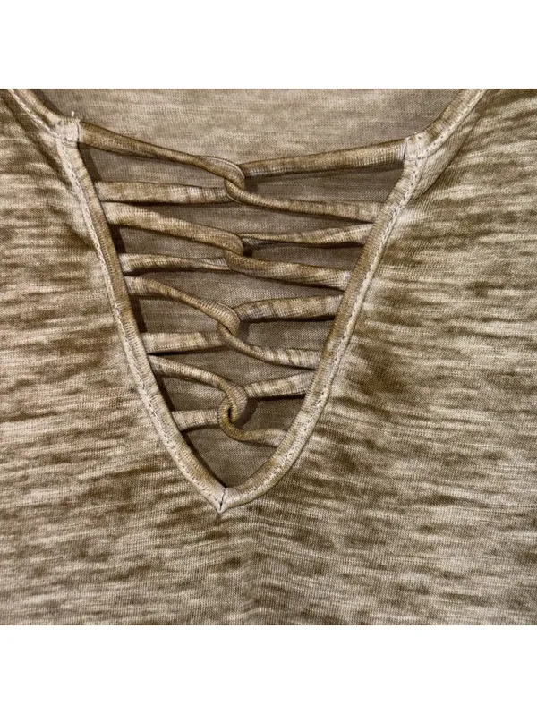 BKE Olive Lace Up V-Neck T-Shirt Size S - Image 5