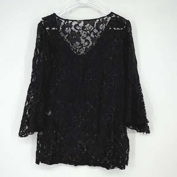 Black Floral Lace Ruffle V-Neck Bell Sleeve Blouse Top Victorian Fairy‎ Made USA - Image 2