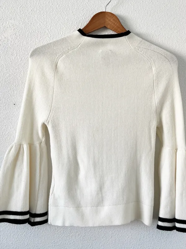 Anthropologie Maeve Modern Ivory Black Bell Sleeve Ribbed Flute Sweater - Image 3