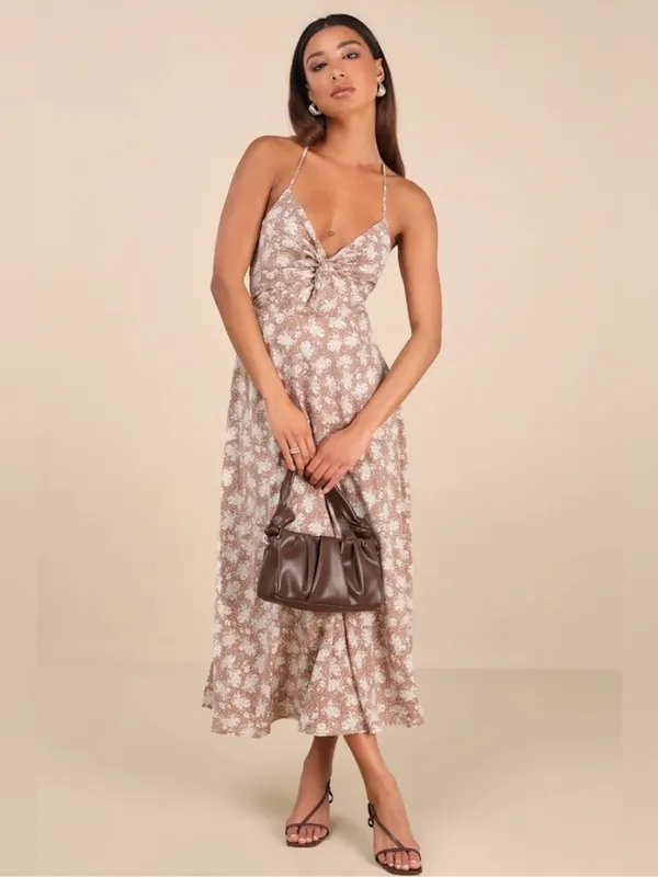 Lulus Picturesque Moments Brown Floral Print Strappy Maxi Dress xs - Image 8