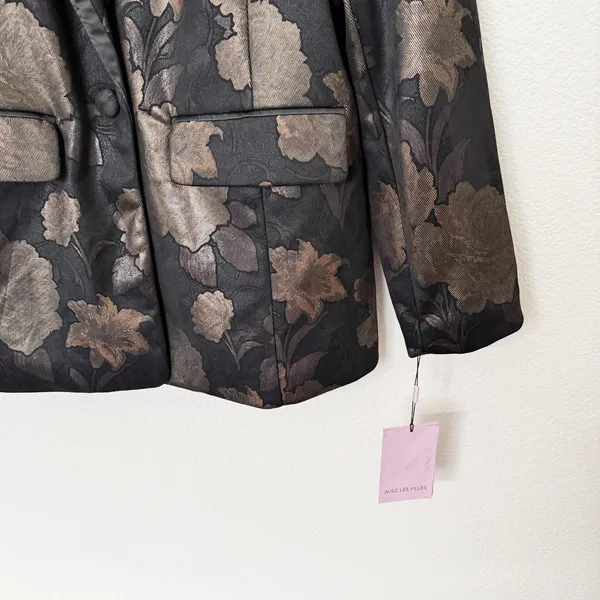 [Avec Les Filles] Black Gold Floral Print Jacquard Tuxedo Blazer Jacket NWT XL - Image 4