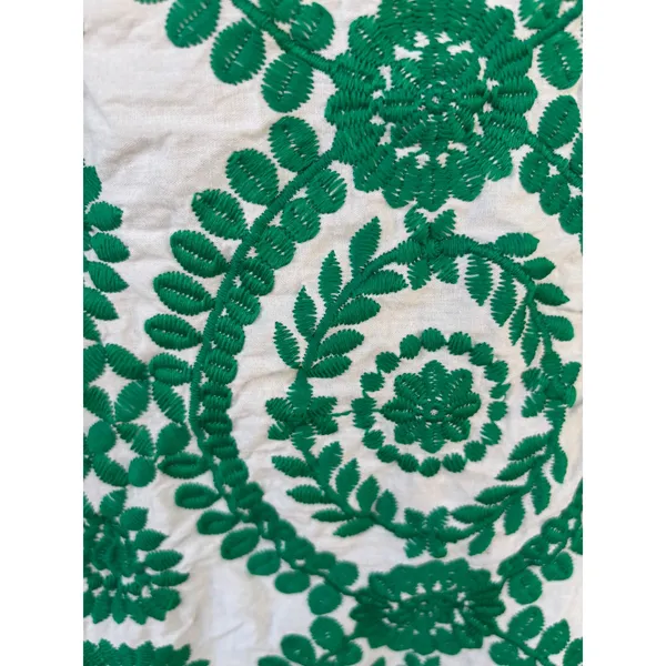 Sunday Up Green White Floral Embroidered Ruffle Neck Blouse Pearl Button Medium - Image 8