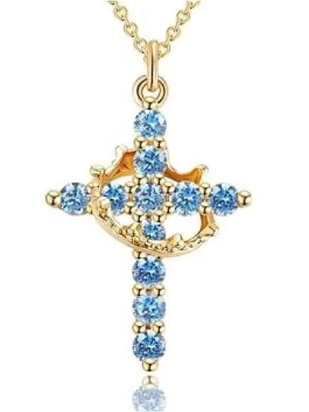 Gold-Tone Cross Pendant Necklace with Blue Crystal Accents - Image 5