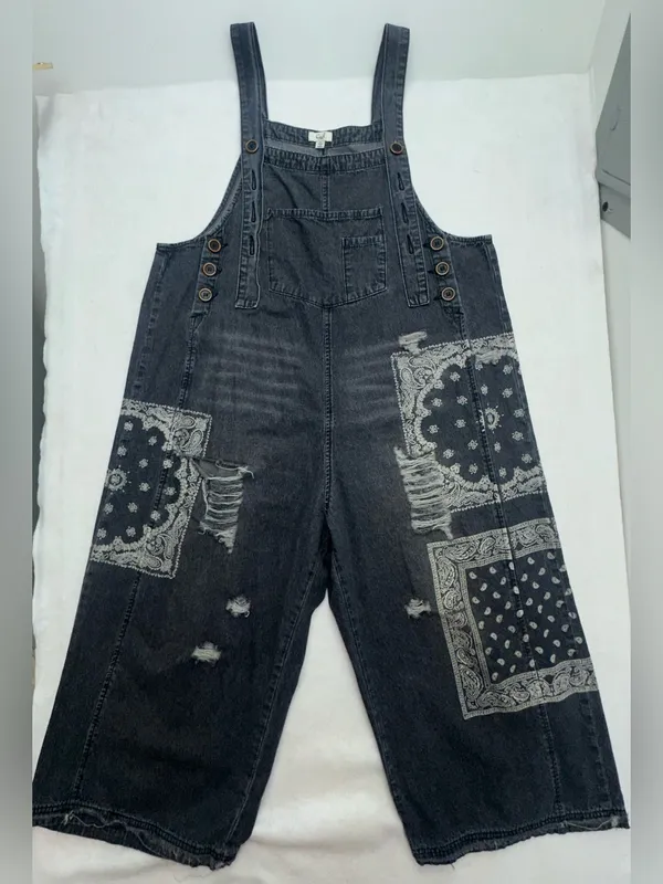 EASEL Lg Washed Black Denim Overalls Paisley Bandana Distressed Wide Leg - Image 2