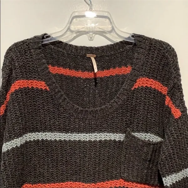 Free People Oversized Sweater with Stripes Size Small Gray with Blue Str… - Image 3