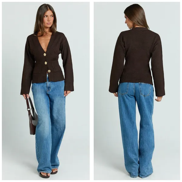 NWT Showpo Nerissa Cardigan Size 2 Brown Cinched Waist Puff Sleeve Wool Contour - Image 12