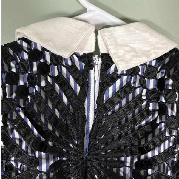 Self-Portrait Blue White Striped Lace Overlay‎ Collared Mini Dress Belted size 0 - Image 9
