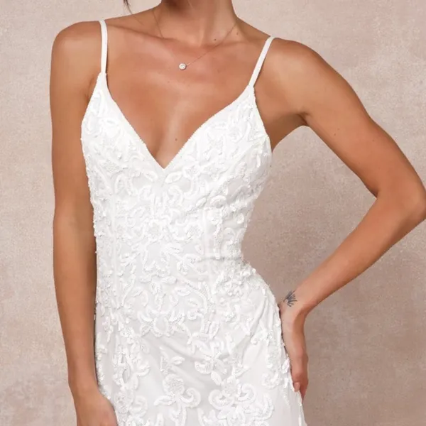 NEW Lulus Luxe Bridal Everlasting Passion Sequin Breaded Backless Wedding Dress - Image 3