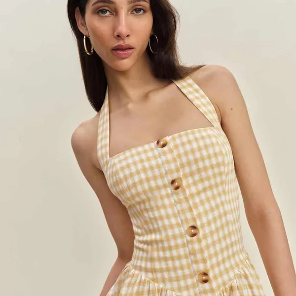 Camila Coelho Yellow Gingham Halter Sun Dress Sz LRG NWT - Image 4