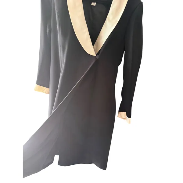 Talbots Vintage Tuxedo Wrap Dress Black Cream Silk Trim Shawl Collar Size 8 - Image 2